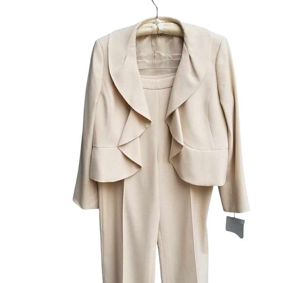 Kasper Tan Lightweight Ruffle Collar Pants Suit Size 16 - Picture 1 of 12